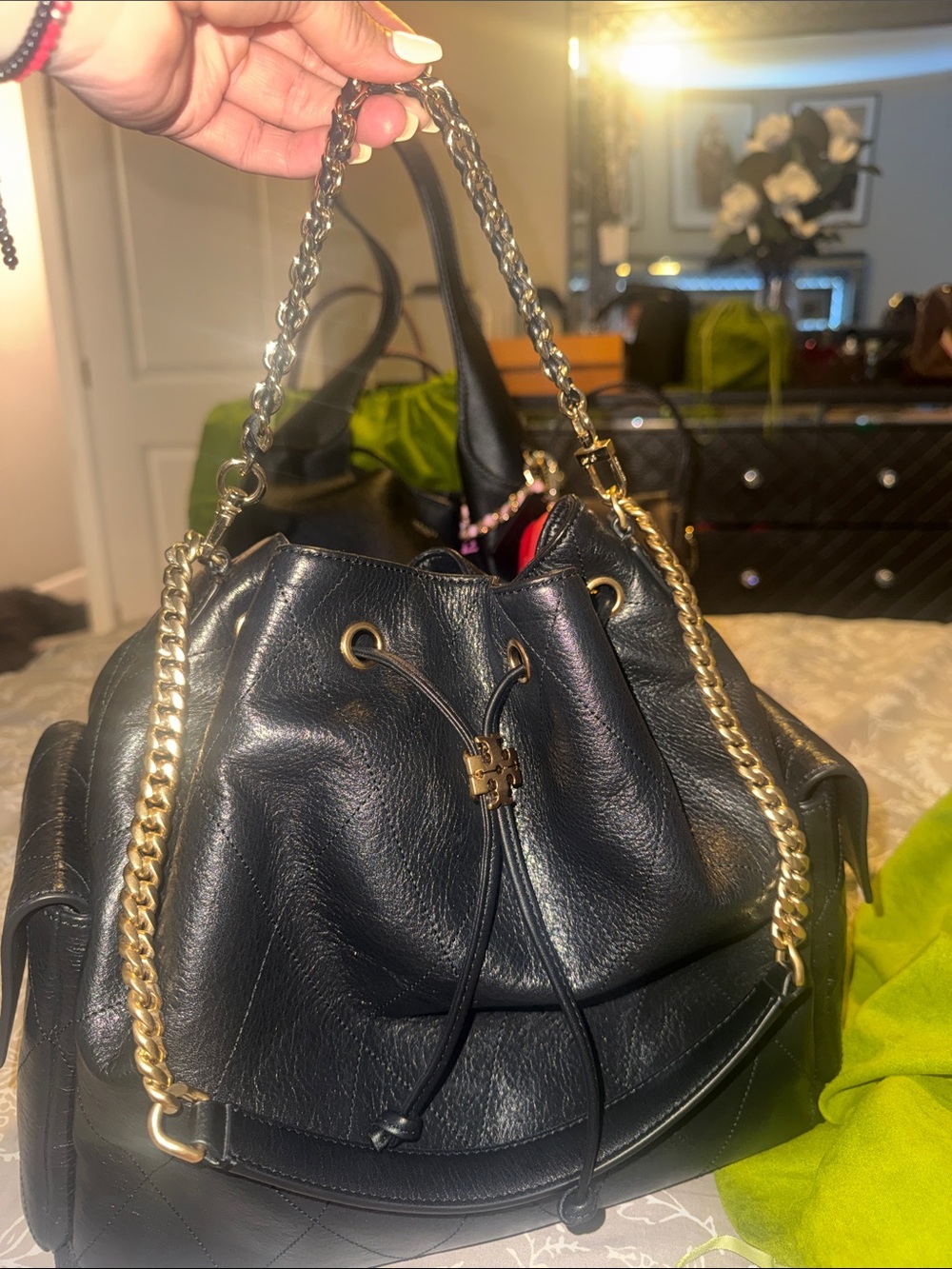Black Leather Drawstring Bucket Bag with Gold Chain - Picture 2 of 3